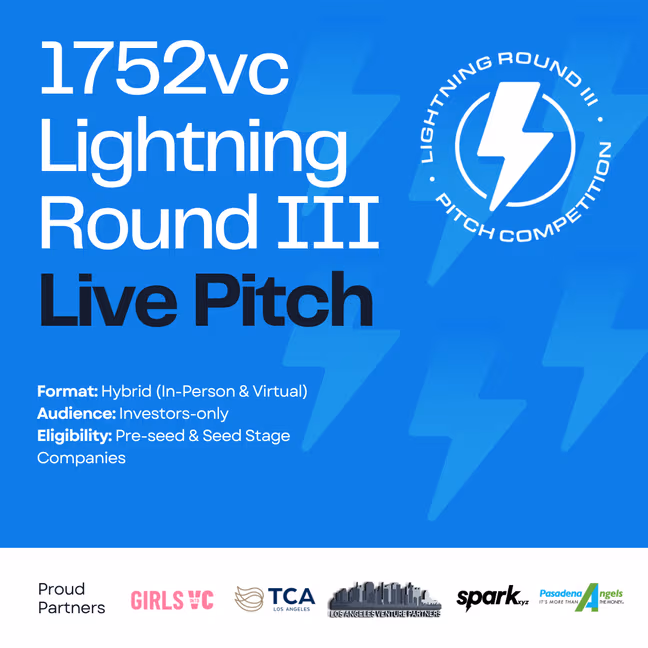 Lightning Round III live pitch poster listing a hybrid format for pre-seed and seed stage companies