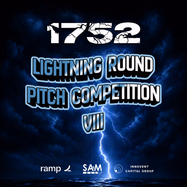 Lightning Round VIII pitch competition poster with a lightning strike over open water